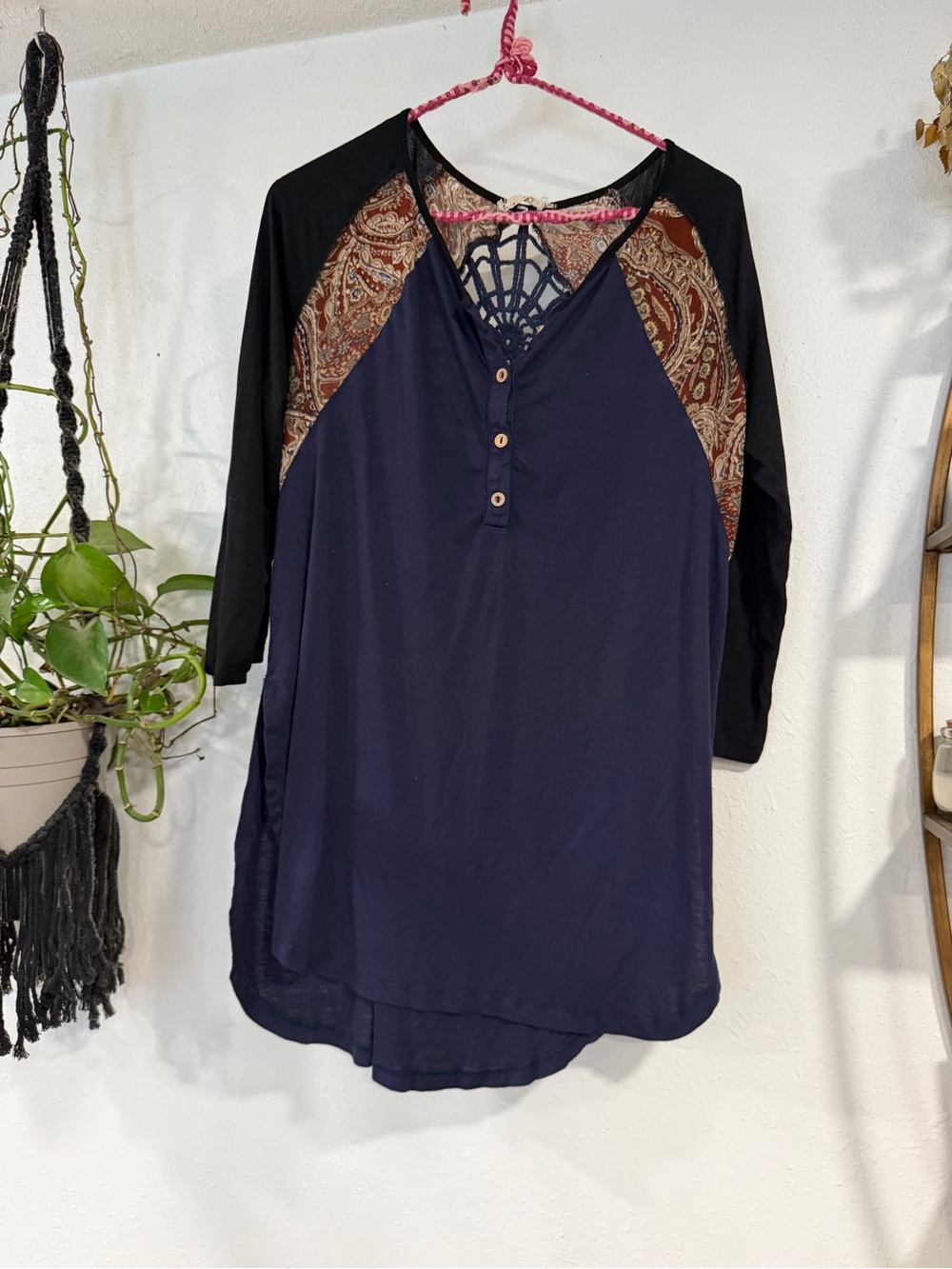 Anthropologie Navy Henley with Black Raglan Sleeves & Paisley Accent